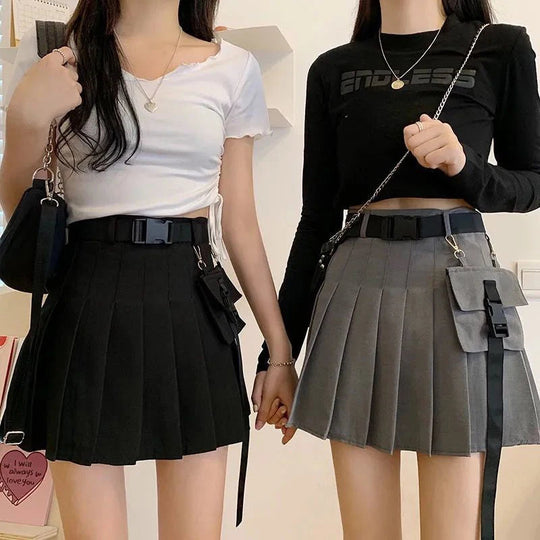 Zoki Harajuku Gürtel Plissee Cargo Rock Frauen Mode Gothic Hohe Taille Tasche Mini Röcke Mode Sommer Dame EINE Linie Schwarz Rock Festival Outfits | Techno Shirts | Rave Clothing