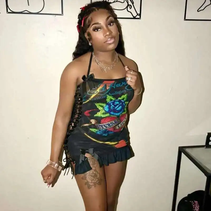 Totenkopf bedruckte Gothic-Minikleider für Damen, Schnürung, Neckholder, sexy Kleider, Slash-Ausschnitt, Y2k-Partykleider, A-Linie, figurbetontes Kleid für Damen Festival Outfits | Techno Shirts | Rave Clothing