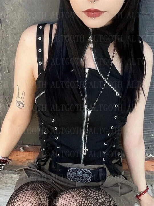 Y2k dunkle Punk Gothic Korsett Weste Frauen hohe Taille Bandage Ernte Tanktops Streetwear Emo Alt Harajuku Halfter Rave Outfits Festival Outfits | Techno Shirts | Rave Clothing