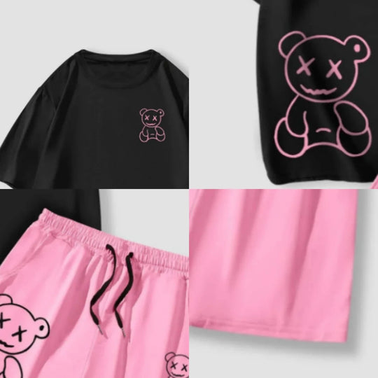 Herren Sommer Cartoon Bär 2-teilige Anzüge Casual T-Shirt und Kordelzug Taille Shorts Set 2025 Urlaub Strand Übergroße Outfits Festival Outfits | Techno Shirts | Rave Clothing