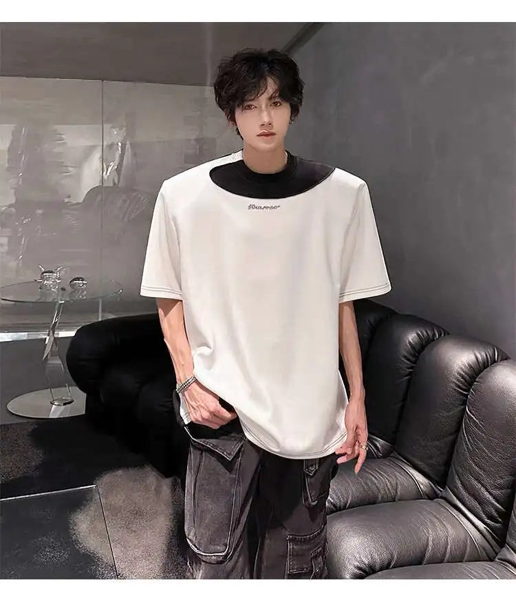 LUZHEN Original Personalisierte Farbe Kontrast Design Kurzarm T-shirts 2025, Sommer Hübsche Schulter Pad Casual Tops JY1473 Festival Outfits | Techno Shirts | Rave Clothing