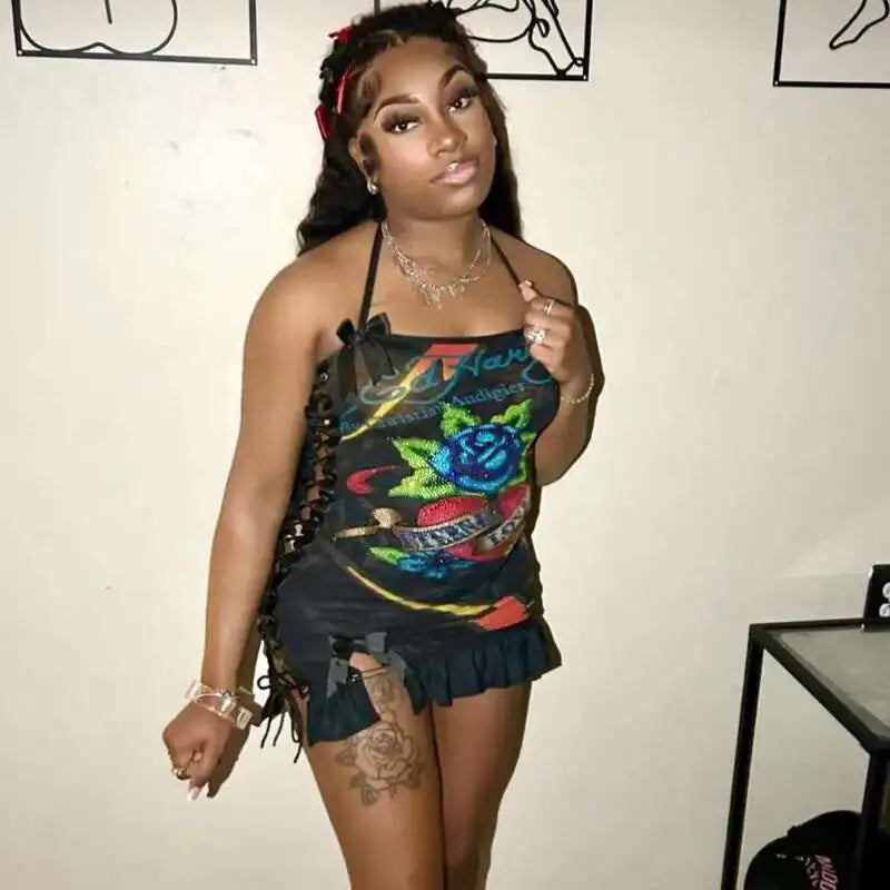 Totenkopf bedruckte Gothic-Minikleider für Damen, Schnürung, Neckholder, sexy Kleider, Slash-Ausschnitt, Y2k-Partykleider, A-Linie, figurbetontes Kleid für Damen Festival Outfits | Techno Shirts | Rave Clothing