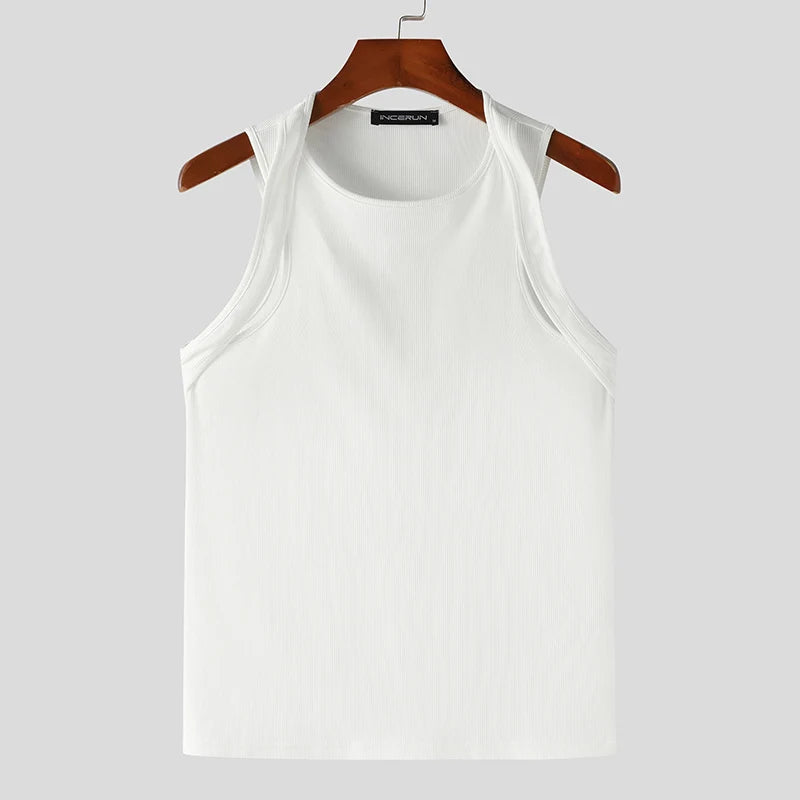 Incerun Tops 2024 koreanischen Stil Männer Schulter gurt Design sexy elastische Westen lässig gut sitzende solide ärmellose Weste S-5XL Festival Outfits | Techno Shirts | Rave Clothing