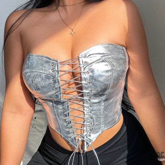 Sexy Frauen Shiny Gold Silber Bustier Crop Tops Helle PU Leder Krone Gürtel Abnehmen Taille Liebsten Low-cut Korsett top Sommer Festival Outfits | Techno Shirts | Rave Clothing