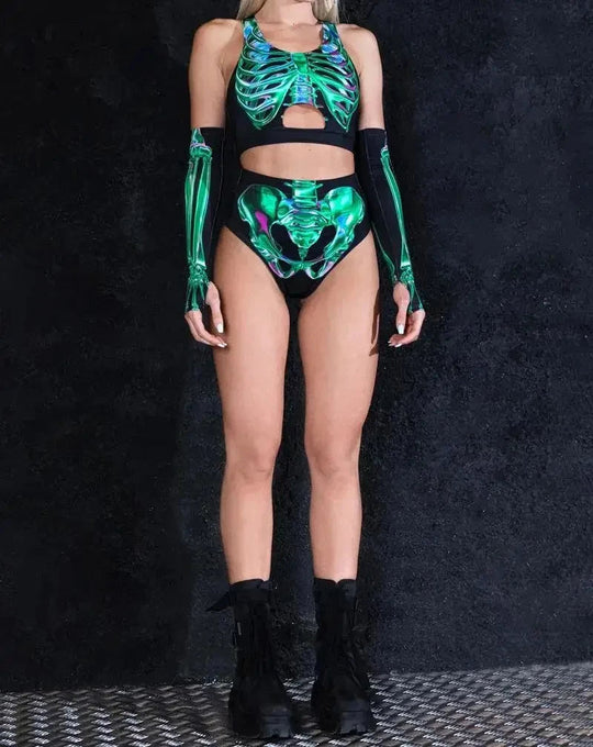 Halloween Schädel drucken Cosplay Kostüm Frauen sexy Schädel Nabel Top Shorts Festival Party bunte psyche delische Dress Up Rave Outfit Festival Outfits | Techno Shirts | Rave Clothing