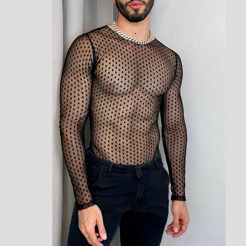 INCERUN Men T Shirt Polka Dot Printing Mesh Transparent O-neck Long Sleeve Men Clothing Streetwear 2024 Fashion Party Camisetas Festival Outfits | Techno Shirts | Rave Clothing