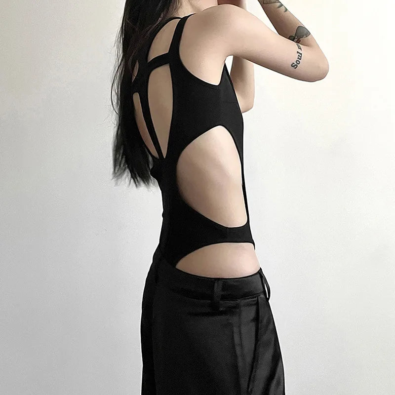 Cut Out Body Hollow-Out Bodysuit – Y2K Patchwork Body, Rückenfrei, High‑Cut | Festival Outfit