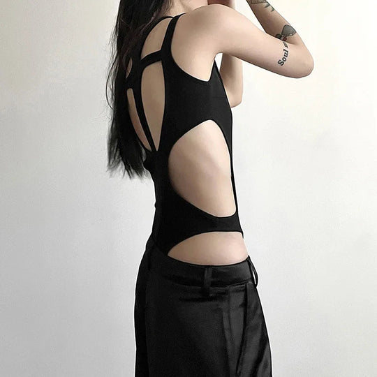 Cut Out Body Hollow-Out Bodysuit – Y2K Patchwork Body, Rückenfrei, High‑Cut | Festival Outfit