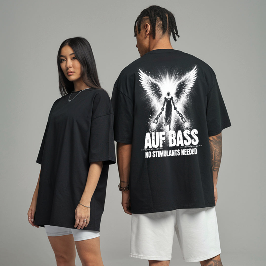 "Auf Bass - No stimulants needed" Oversized Techno T-Shirt (Backprint)