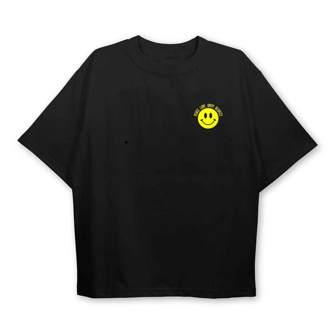 90er PLUR Techno Shirt mit Smileyprint auf der Vorderseite